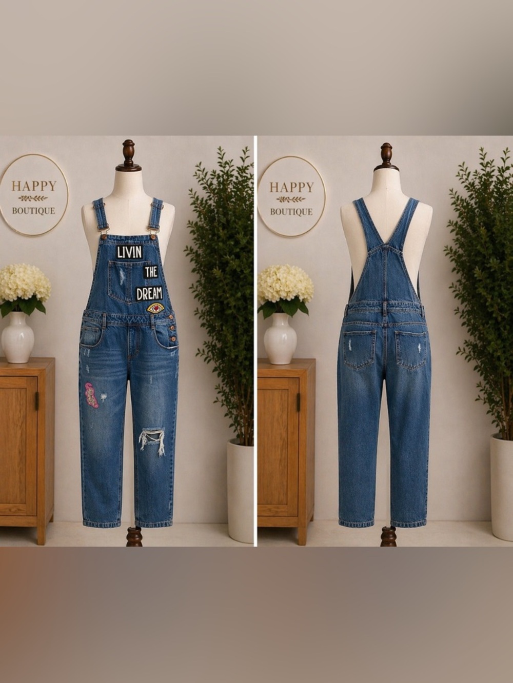 Women’s Blue Denim Overalls - Livin The Dream Patch Forever 21 LA